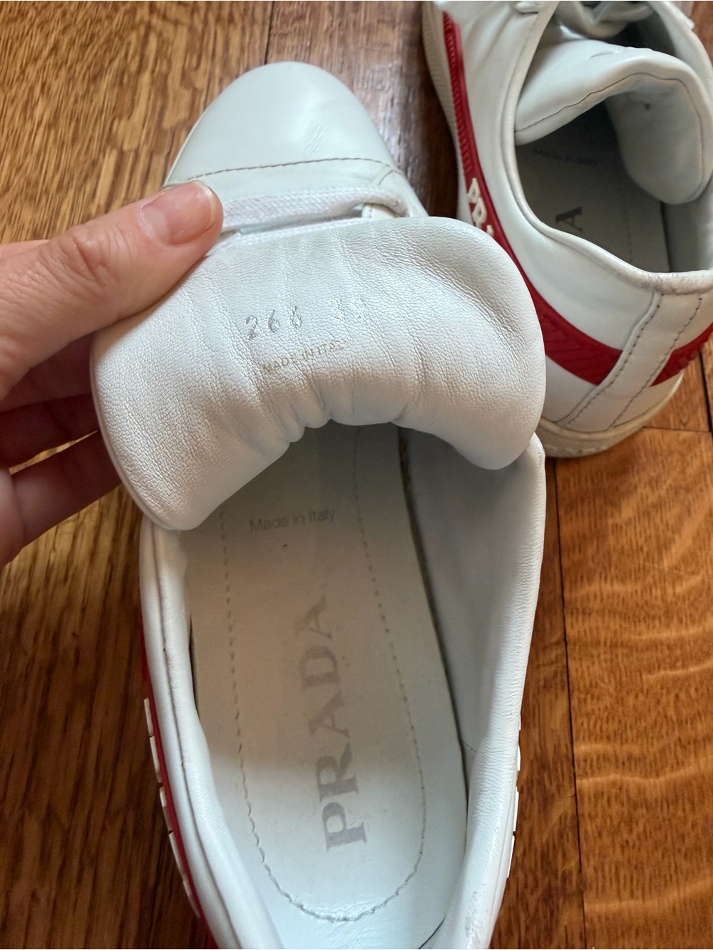 Prada White Leather Sneakers with Red Side Panel - Picture 4 of 4
